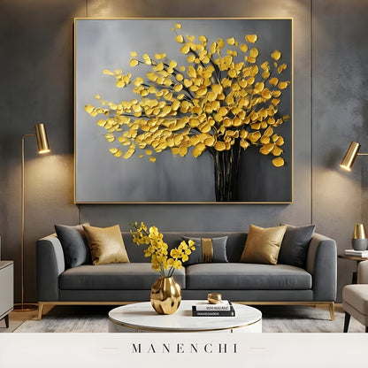 Gilded Arboreal Bloom abstract painting displayed in living room sofa