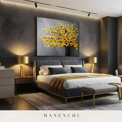 Gilded Arboreal Bloom abstract painting displayed in luxury master bedroom design
