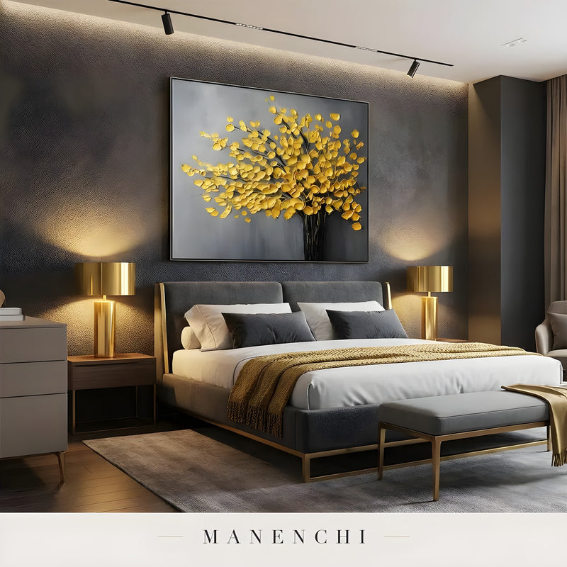 Gilded Arboreal Bloom abstract painting displayed in luxury master bedroom design