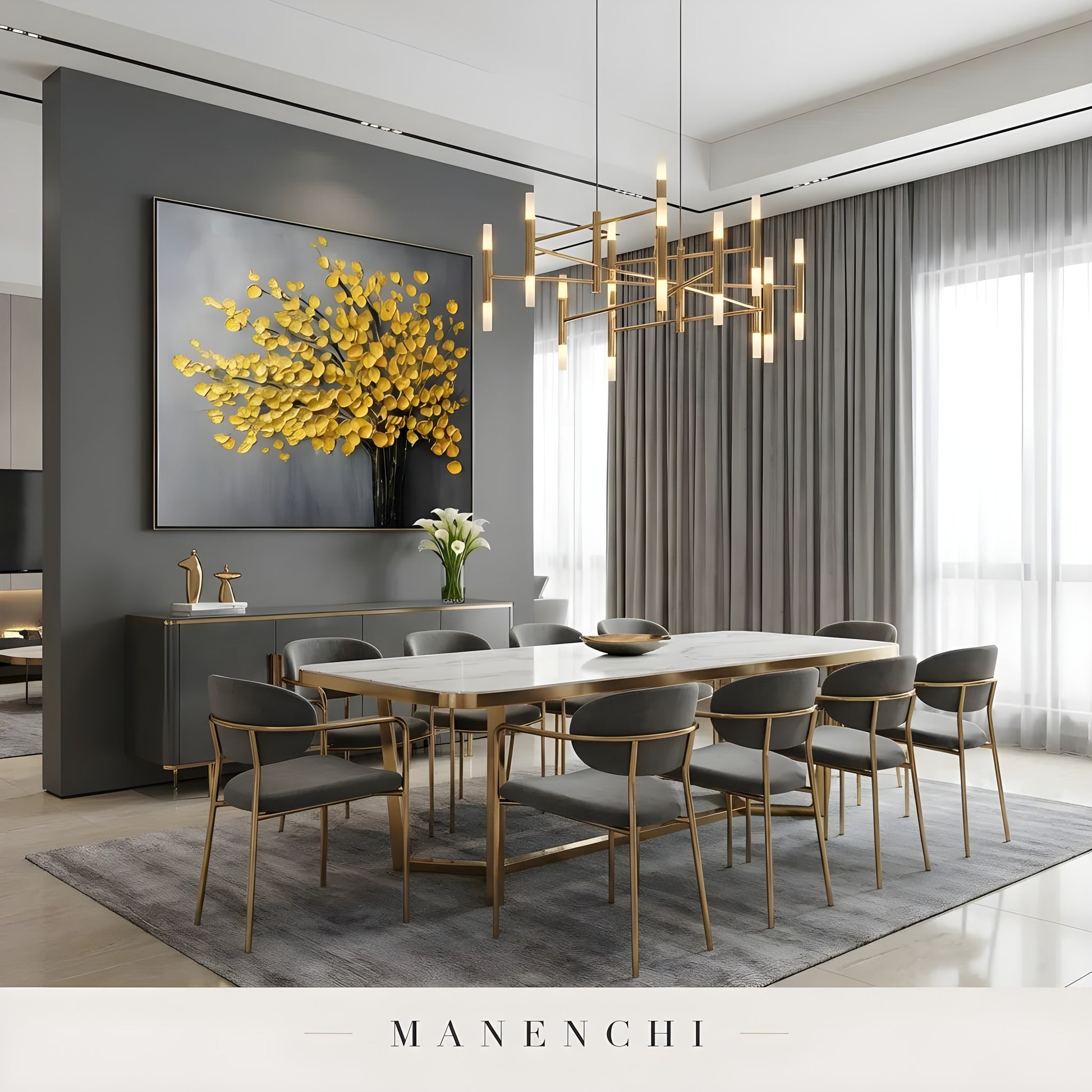 Gilded Arboreal Bloom abstract painting displayed in modern dining room interior
