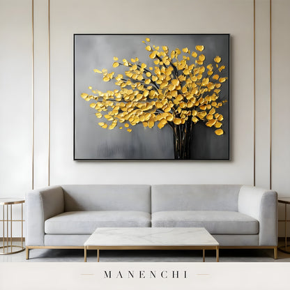 Gilded Arboreal Bloom abstract painting displayed in modern minimalist living room