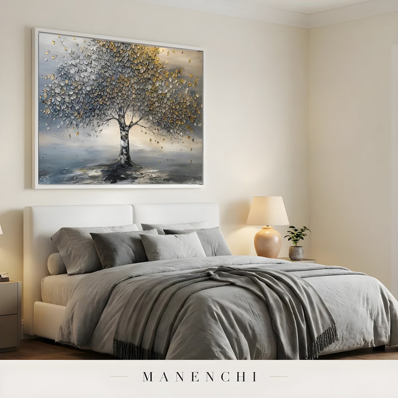 Gilded Arboreal Solstice abstract painting displayed in bedroom with grey bedding