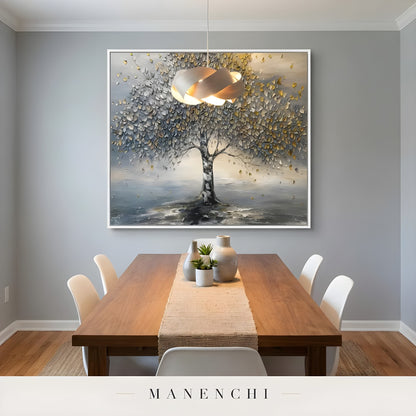 Gilded Arboreal Solstice abstract painting displayed in dining room with wooden table