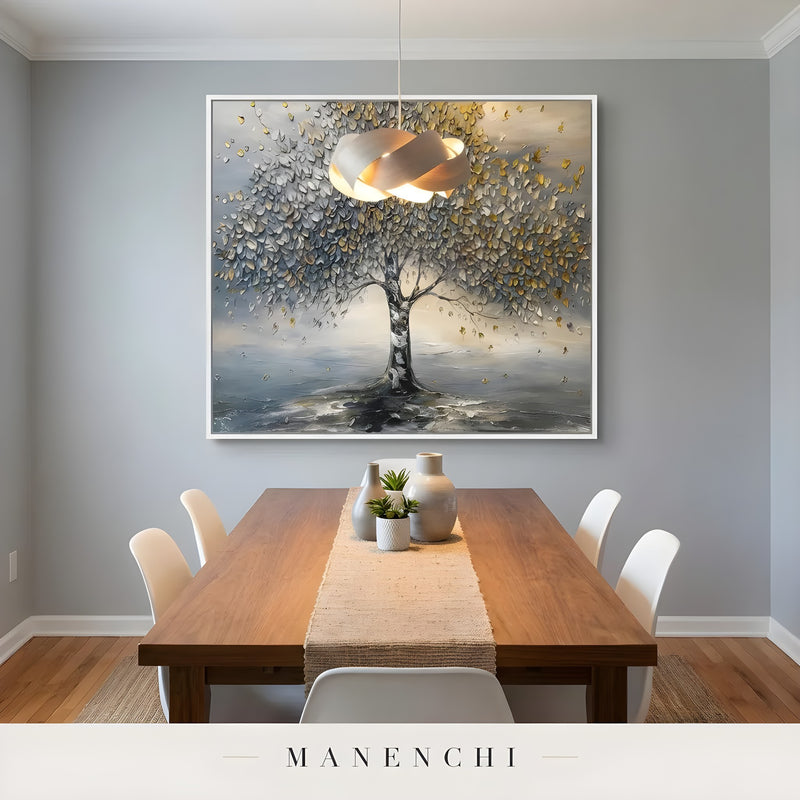 Gilded Arboreal Solstice abstract painting displayed in dining room with wooden table