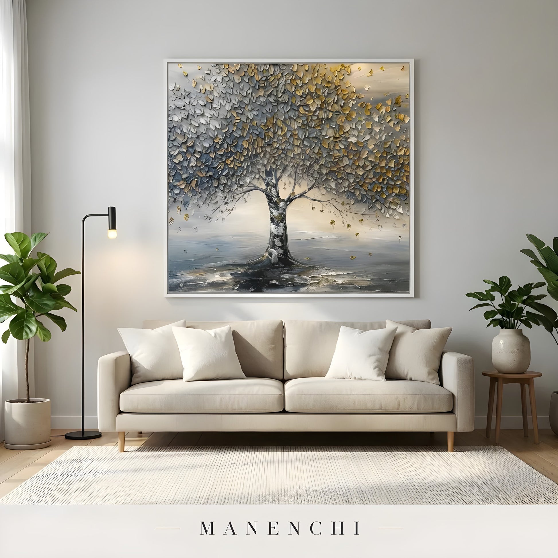 Gilded Arboreal Solstice abstract painting displayed in living room with beige sofa
