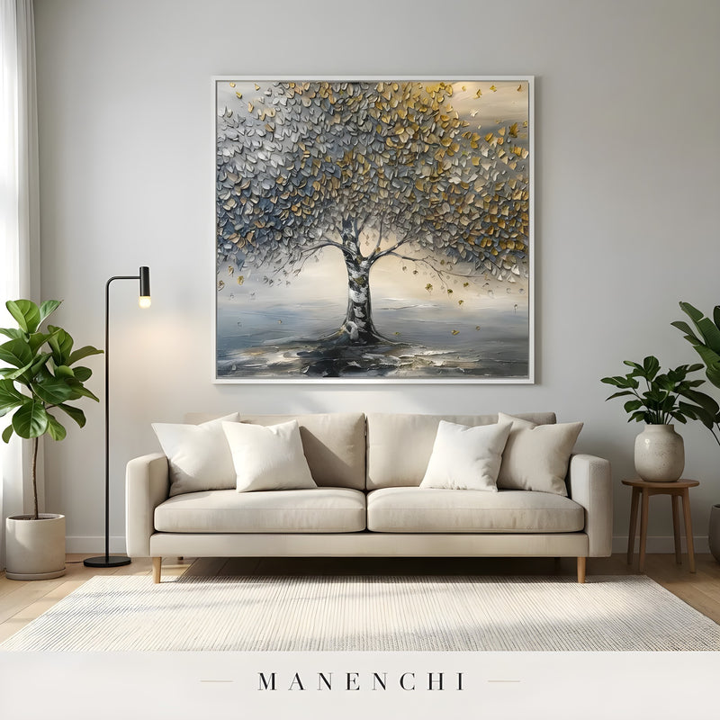 Gilded Arboreal Solstice abstract painting displayed in living room with beige sofa