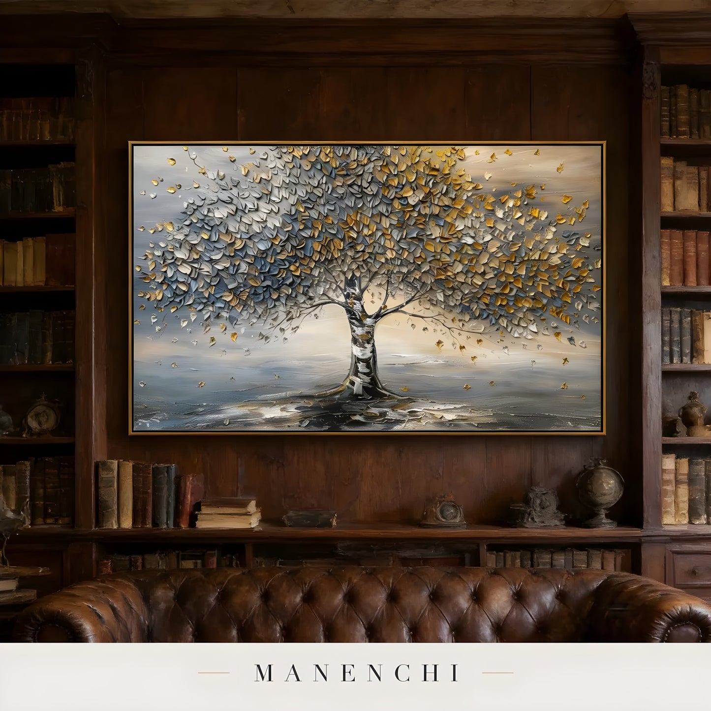 Gilded Arboreal Solstice abstract painting displayed in study room with leather sofa