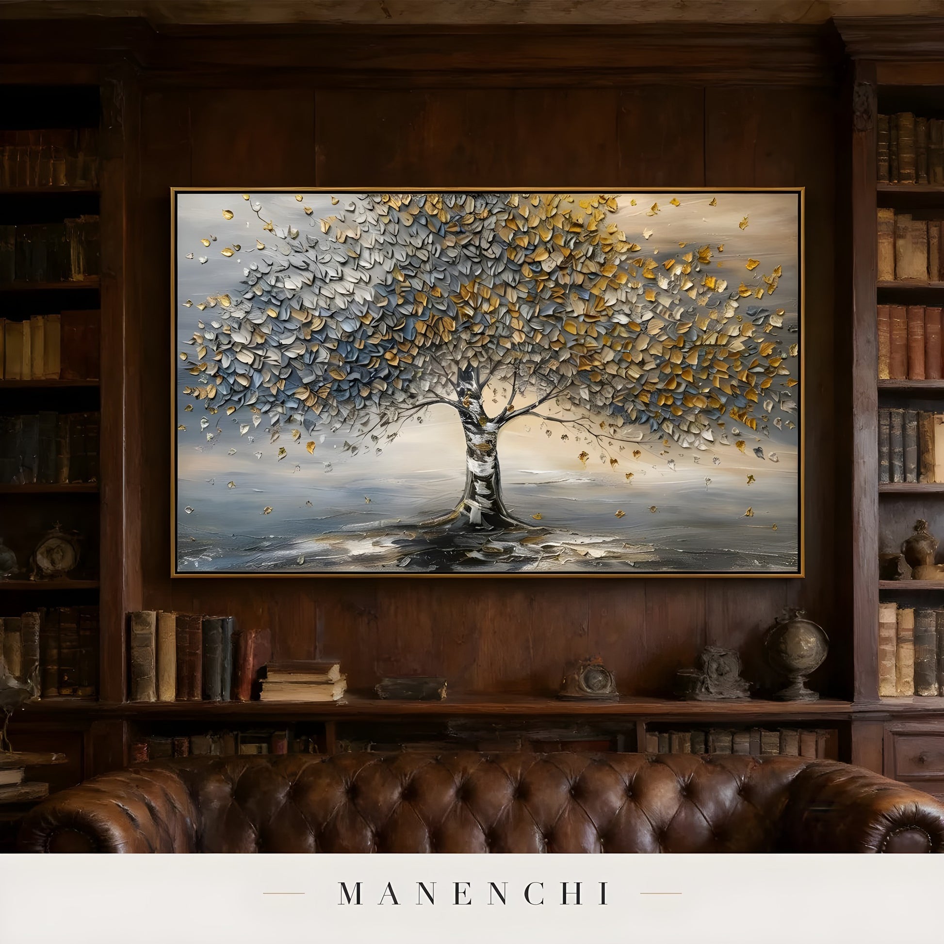 Gilded Arboreal Solstice abstract painting displayed in study room with leather sofa