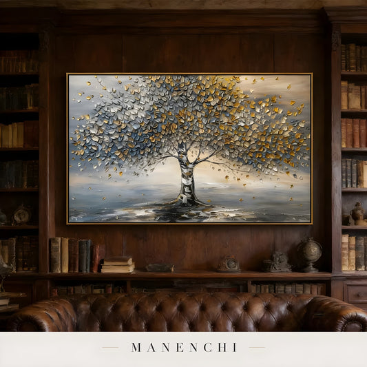 Gilded Arboreal Solstice abstract painting displayed in study room with leather sofa