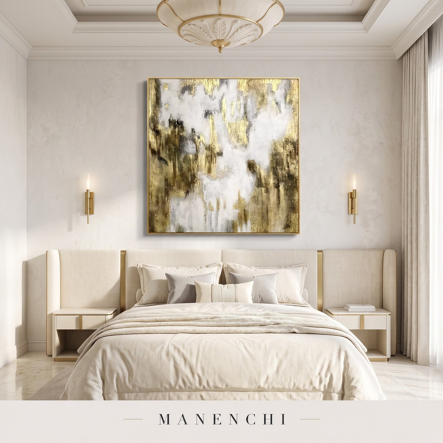 Gilded Ascent abstract painting displayed in a modern bedroom