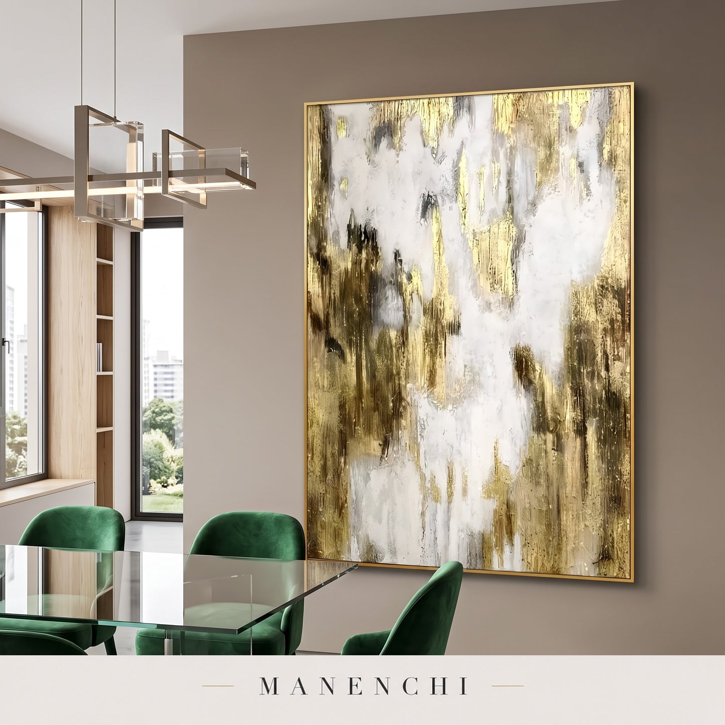 Gilded Ascent abstract painting displayed in a dining room