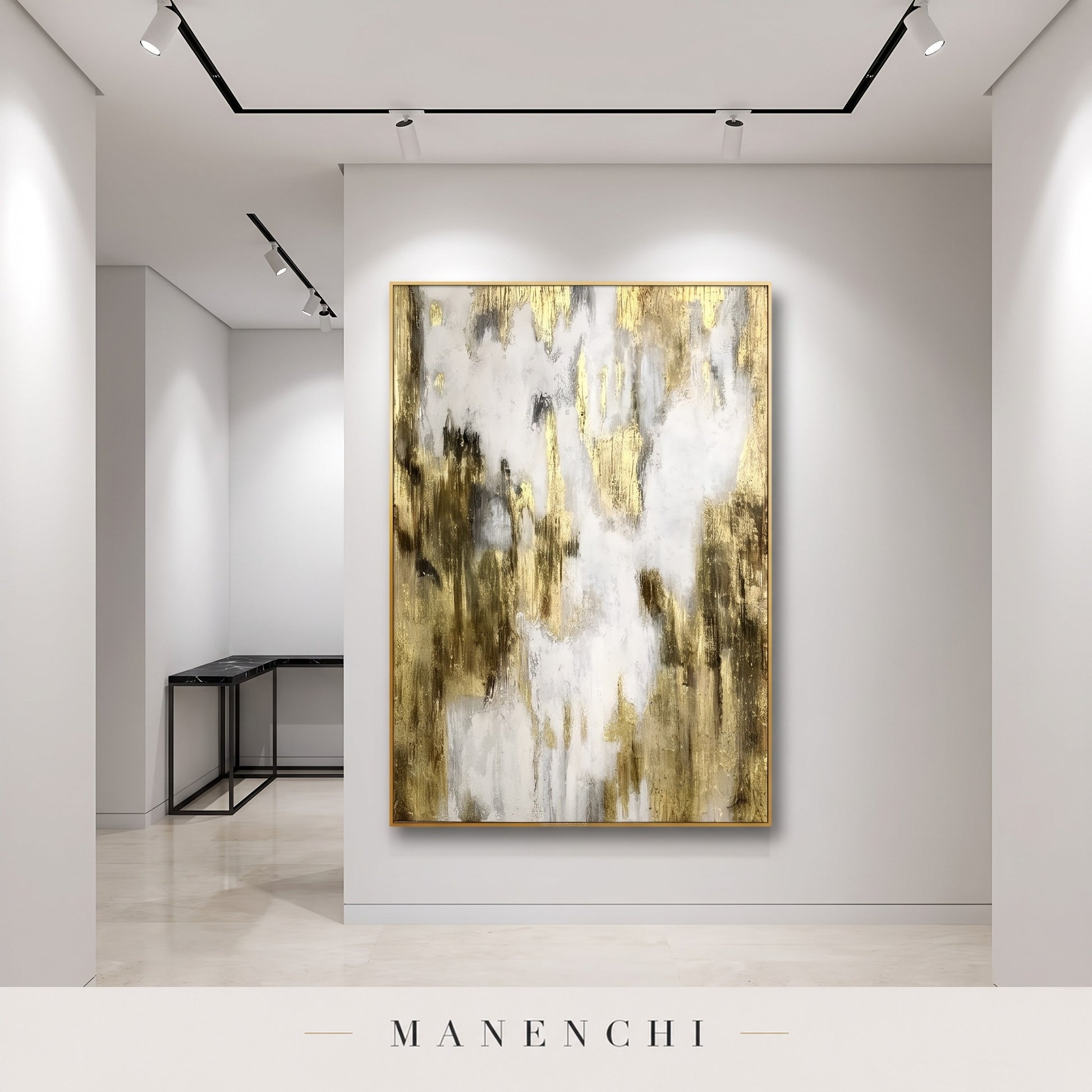Gilded Ascent abstract painting displayed in an entryway