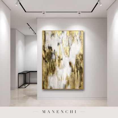 Gilded Ascent abstract painting displayed in an entryway