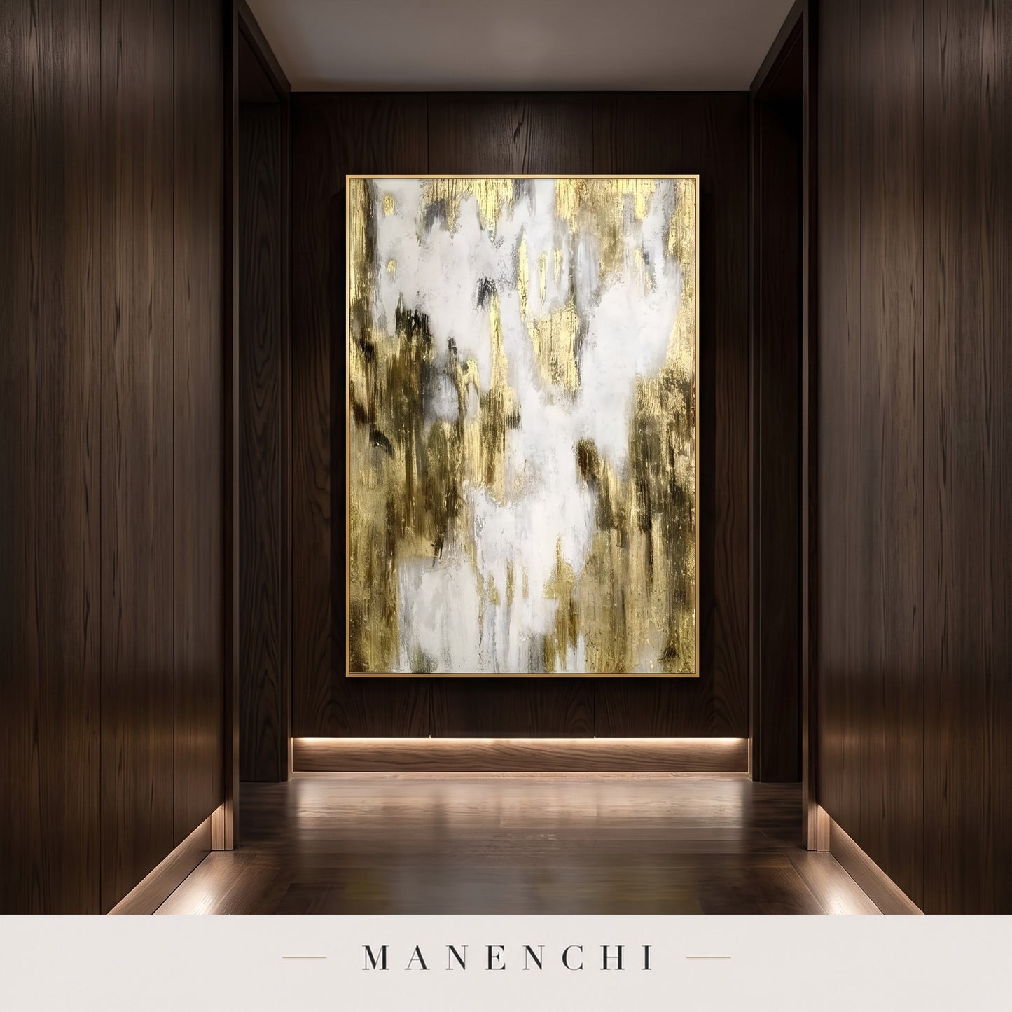 Gilded Ascent abstract painting displayed in a hallway
