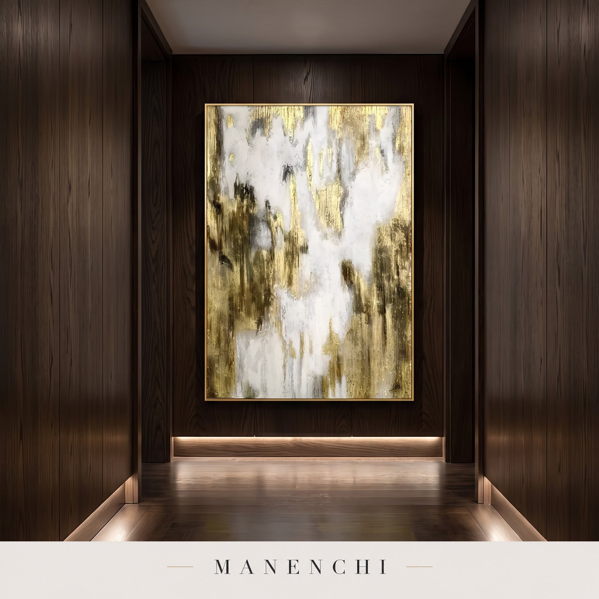 Gilded Ascent abstract painting displayed in a hallway
