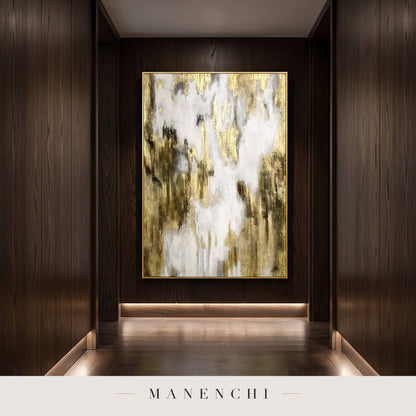 Gilded Ascent abstract painting displayed in a hallway
