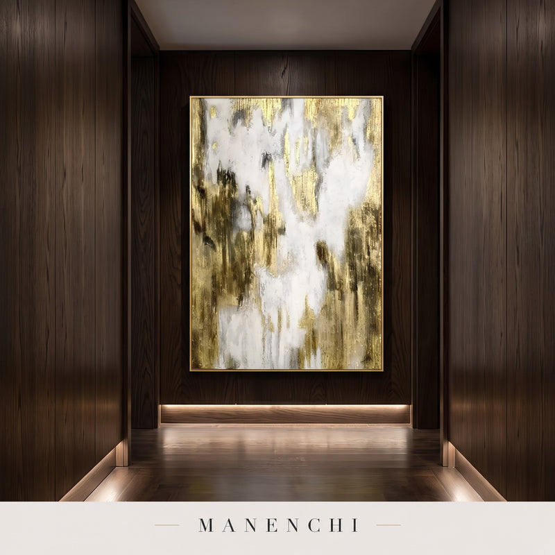Gilded Ascent abstract painting displayed in a hallway