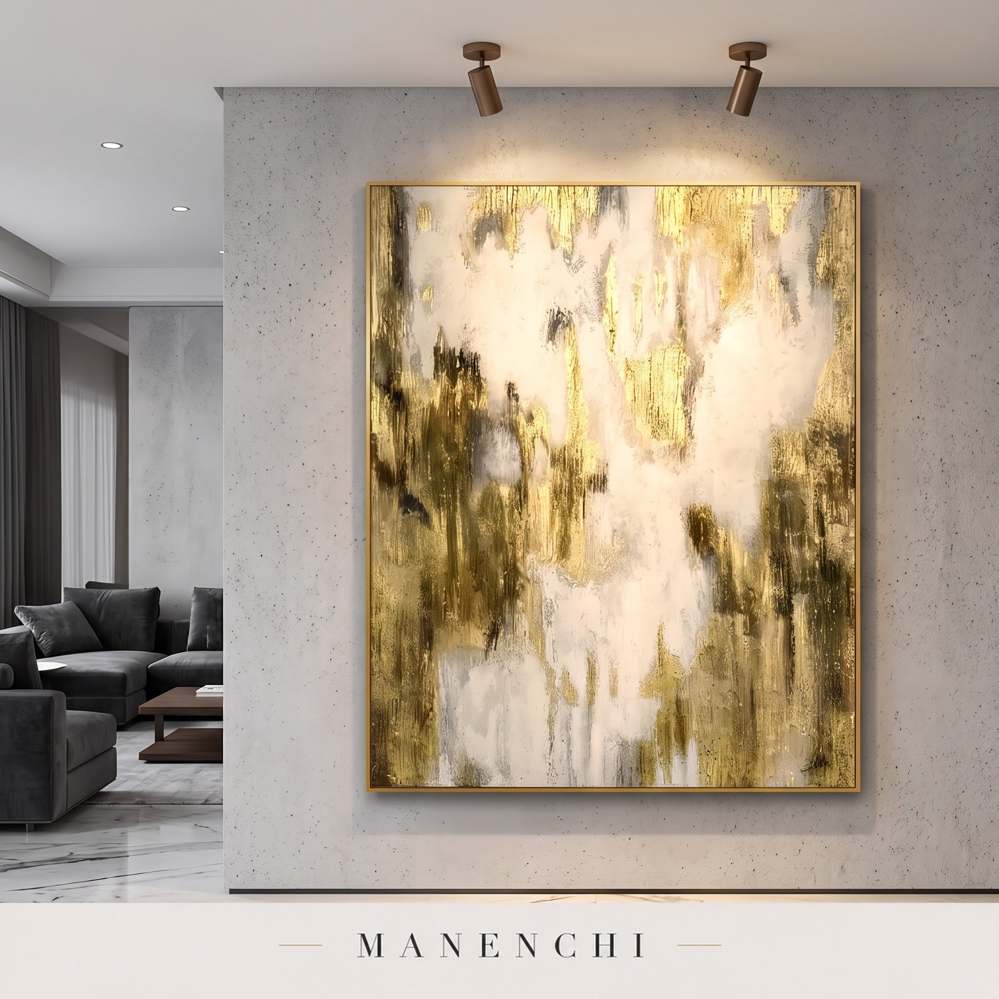 Gilded Ascent abstract painting displayed in a modern living room