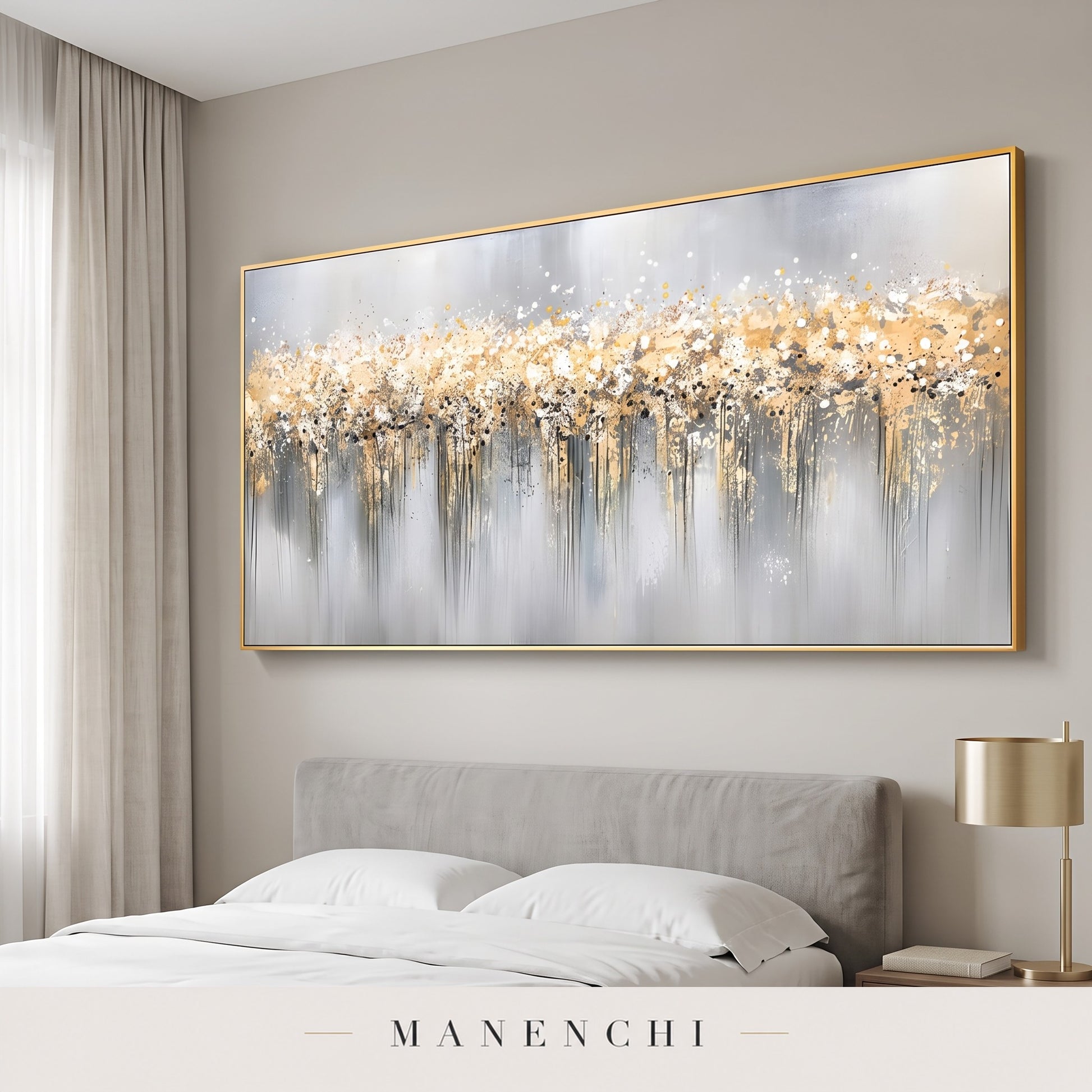 Gilded Cascade abstract painting displayed in a modern bedroom