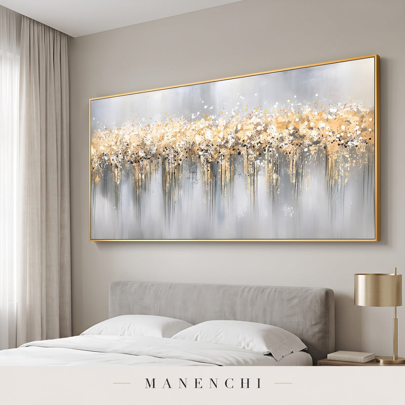 Gilded Cascade abstract painting displayed in a modern bedroom