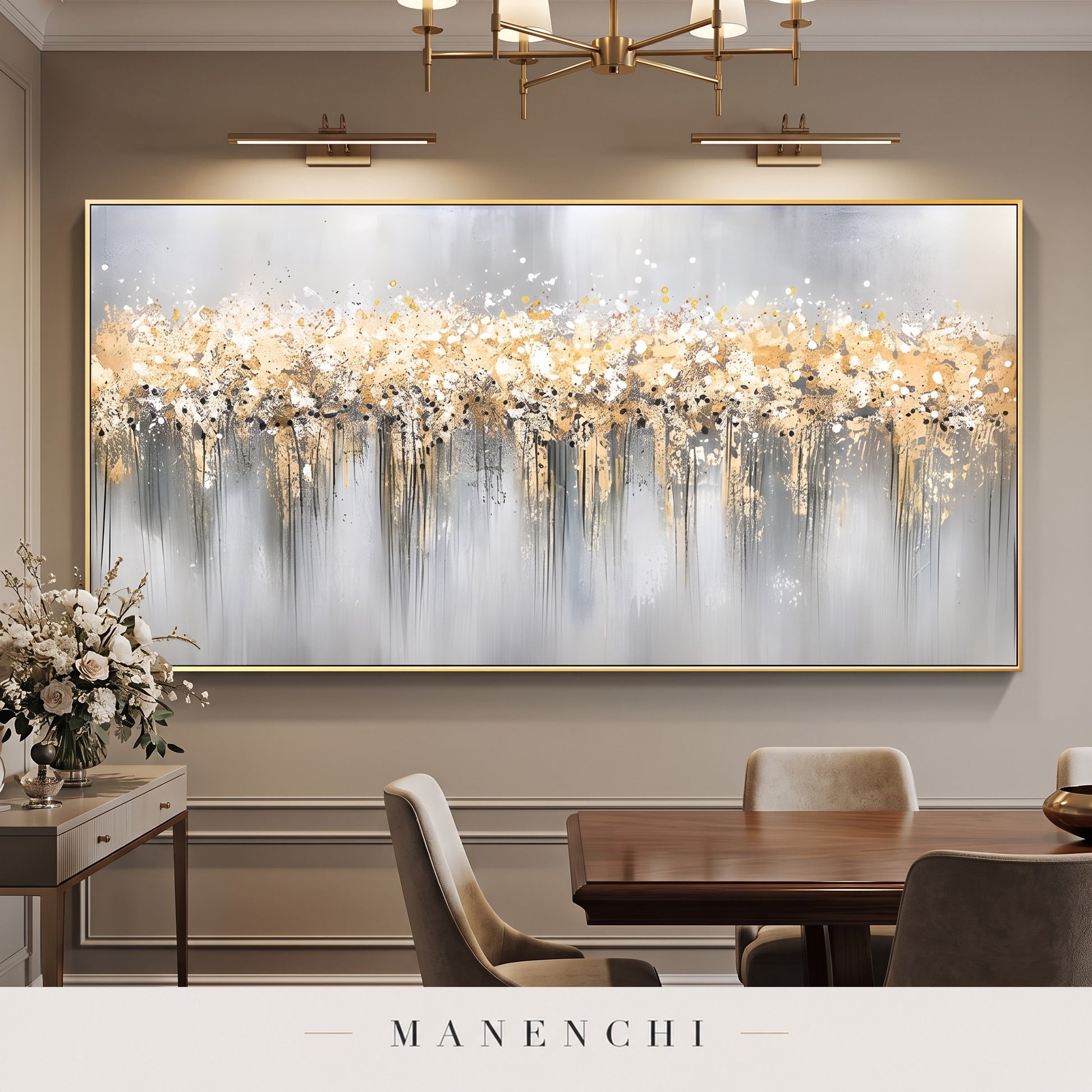 Gilded Cascade abstract painting displayed in a dining room