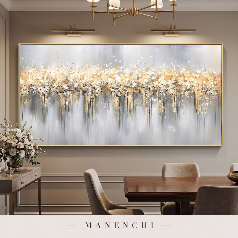 Gilded Cascade abstract painting displayed in a dining room