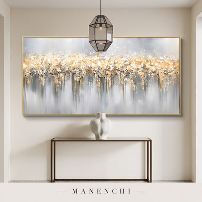 Gilded Cascade abstract painting displayed in an entryway