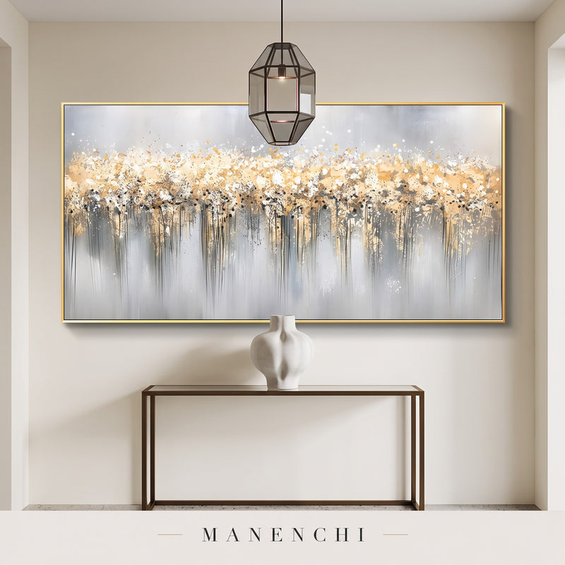Gilded Cascade abstract painting displayed in an entryway