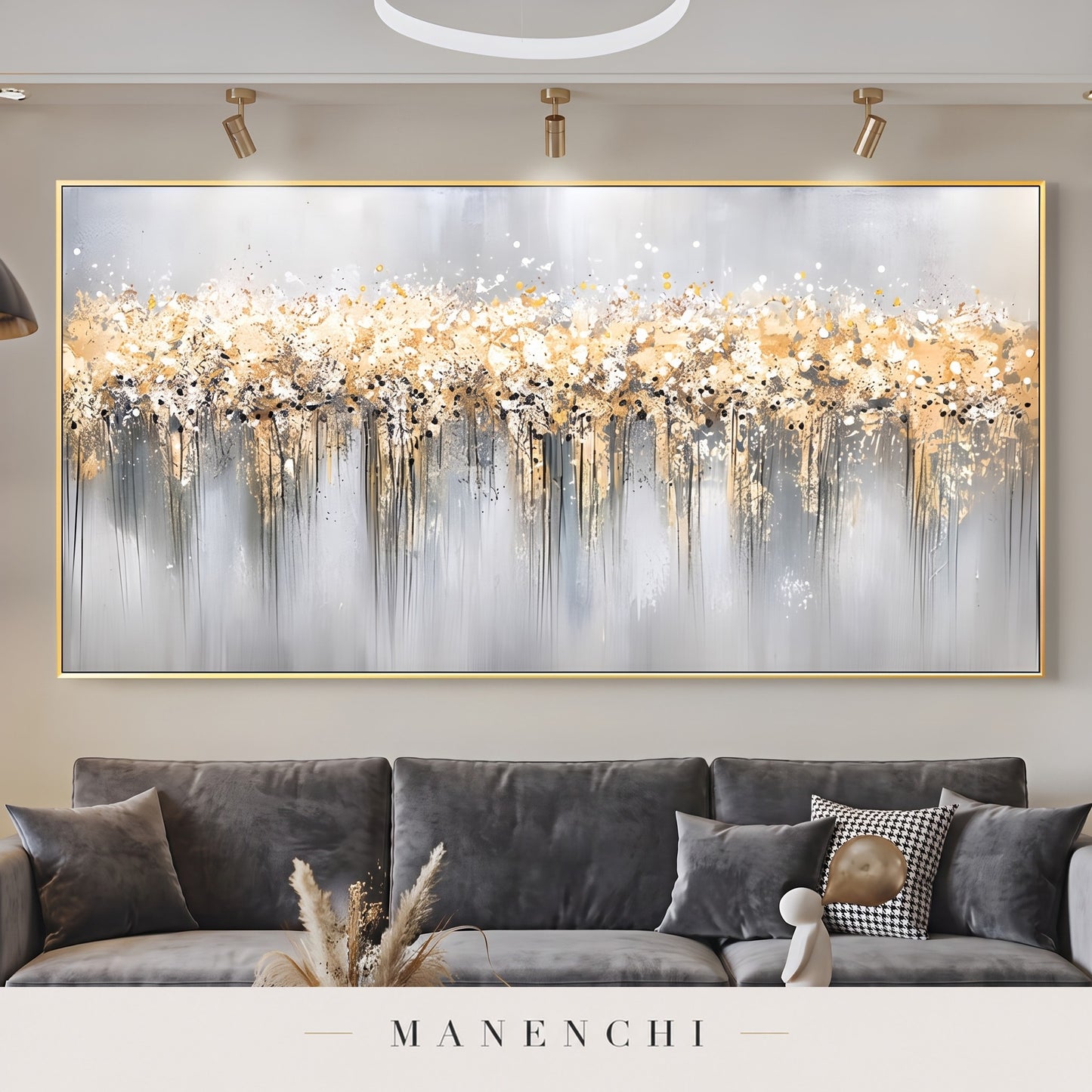 Gilded Cascade abstract painting displayed in a modern living room