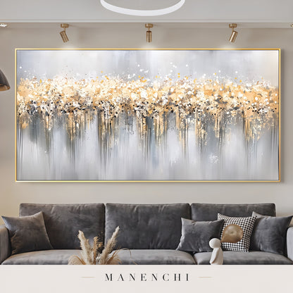 Gilded Cascade abstract painting displayed in a modern living room