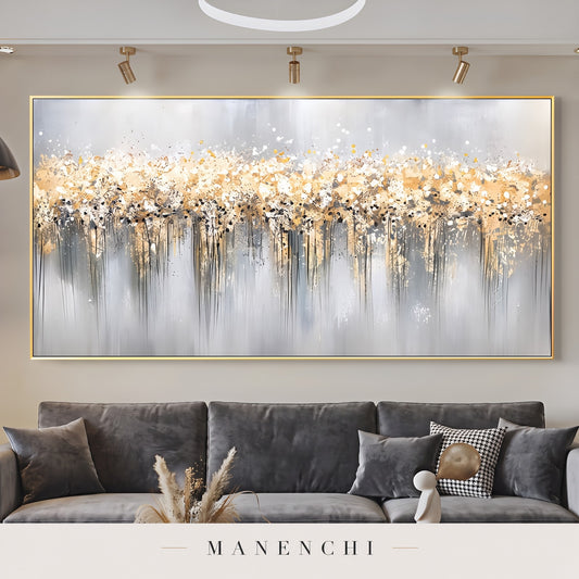 Gilded Cascade abstract painting displayed in a modern living room