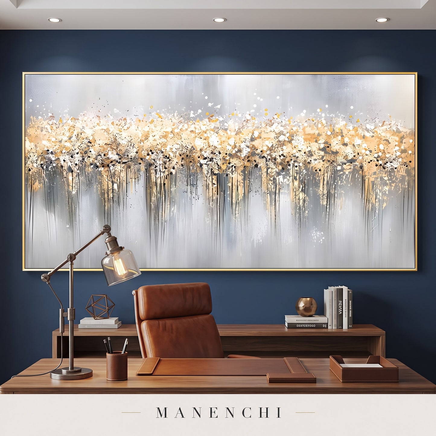 Gilded Cascade abstract painting displayed in a study
