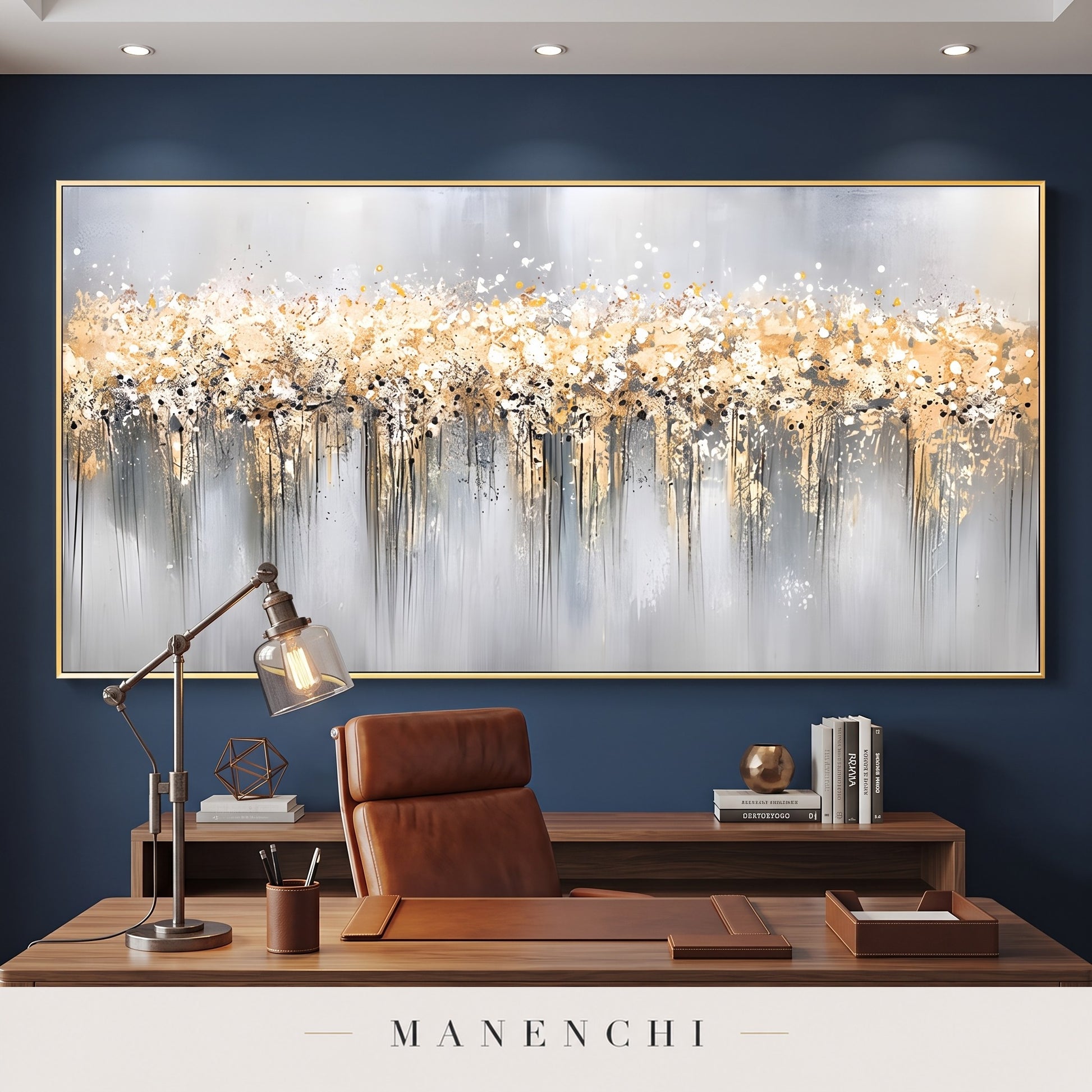 Gilded Cascade abstract painting displayed in a study