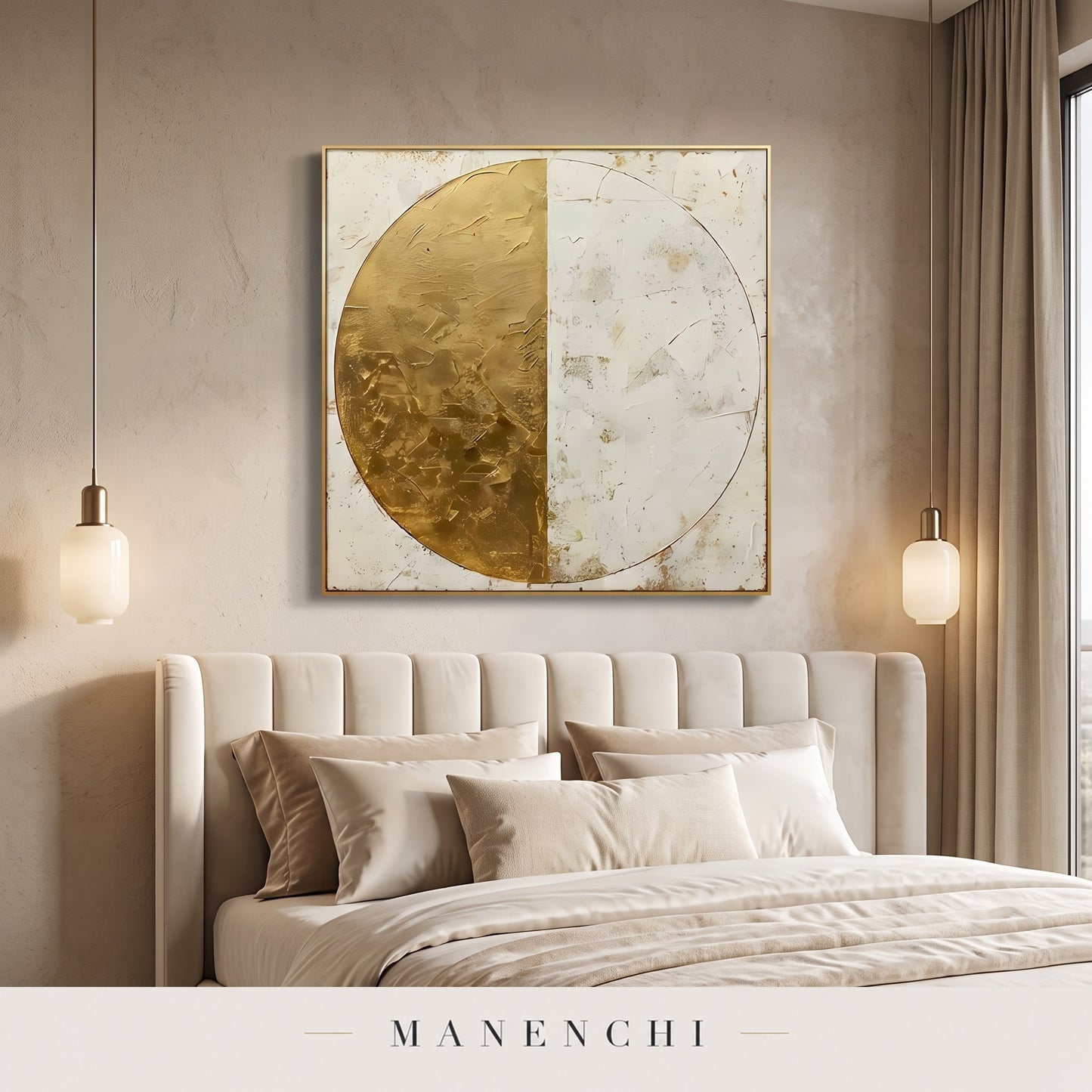 Gilded Equinox abstract painting displayed in a modern bedroom