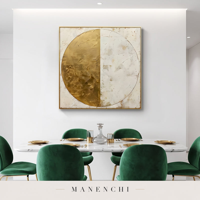 Gilded Equinox abstract painting displayed in a dining room