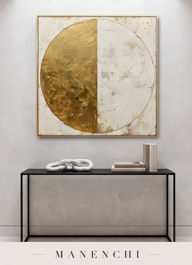 Gilded Equinox abstract painting displayed in an entryway
