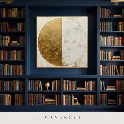 Gilded Equinox abstract painting displayed in a library