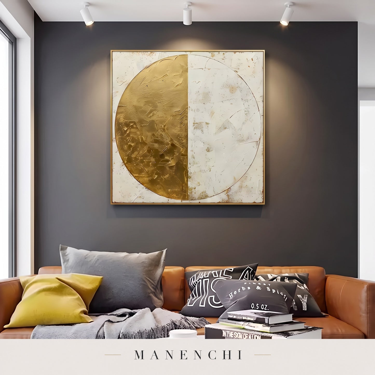 Gilded Equinox abstract painting displayed in a modern living room