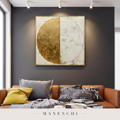 Gilded Equinox abstract painting displayed in a modern living room
