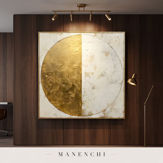 Gilded Equinox abstract painting displayed in a study