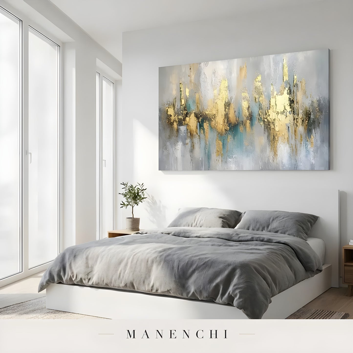 Gilded Ethereal Horizon abstract painting displayed in bedroom painting decor