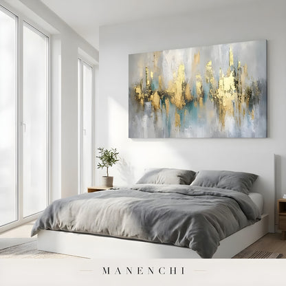 Gilded Ethereal Horizon abstract painting displayed in bedroom painting decor