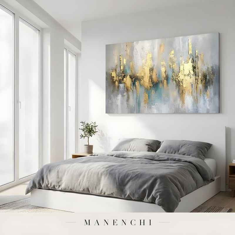 Gilded Ethereal Horizon abstract painting displayed in bedroom painting decor