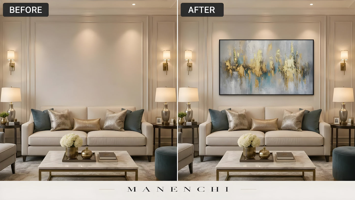 Gilded Ethereal Horizon original hand-painted artwork, before and after in a styled room