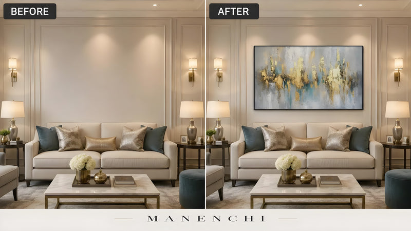 Gilded Ethereal Horizon original hand-painted artwork, before and after in a styled room