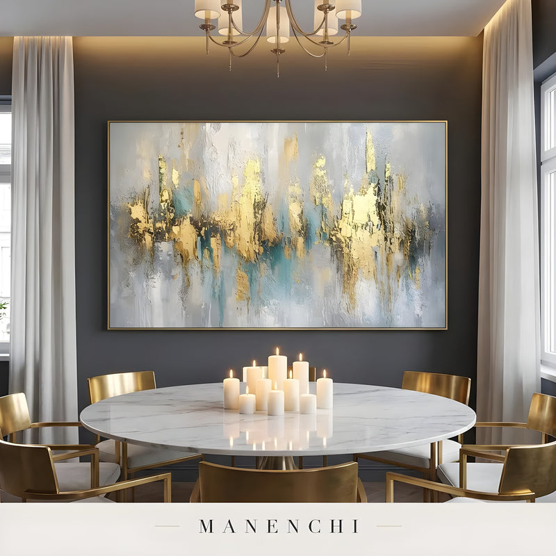 Gilded Ethereal Horizon abstract painting displayed in dining room painting