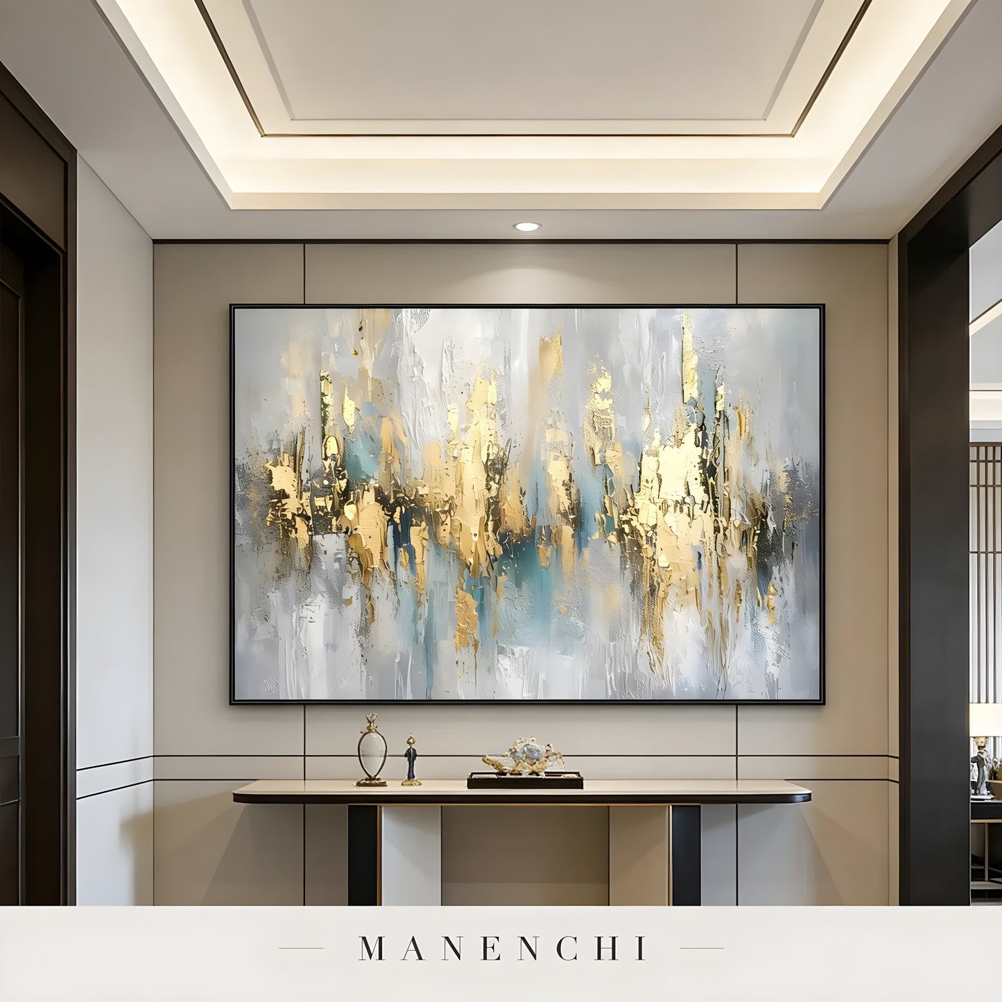 Gilded Ethereal Horizon abstract painting displayed in hallway entryway decor