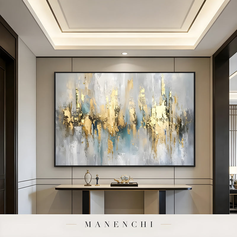 Gilded Ethereal Horizon abstract painting displayed in hallway entryway decor