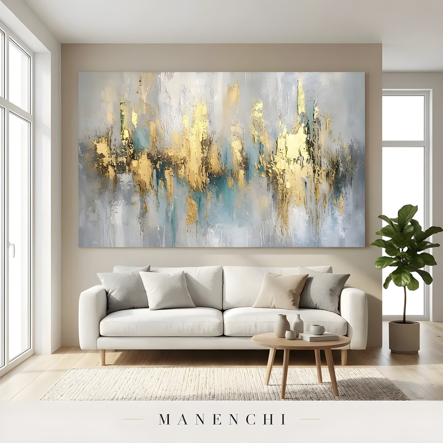 Gilded Ethereal Horizon abstract painting displayed in living room sofa