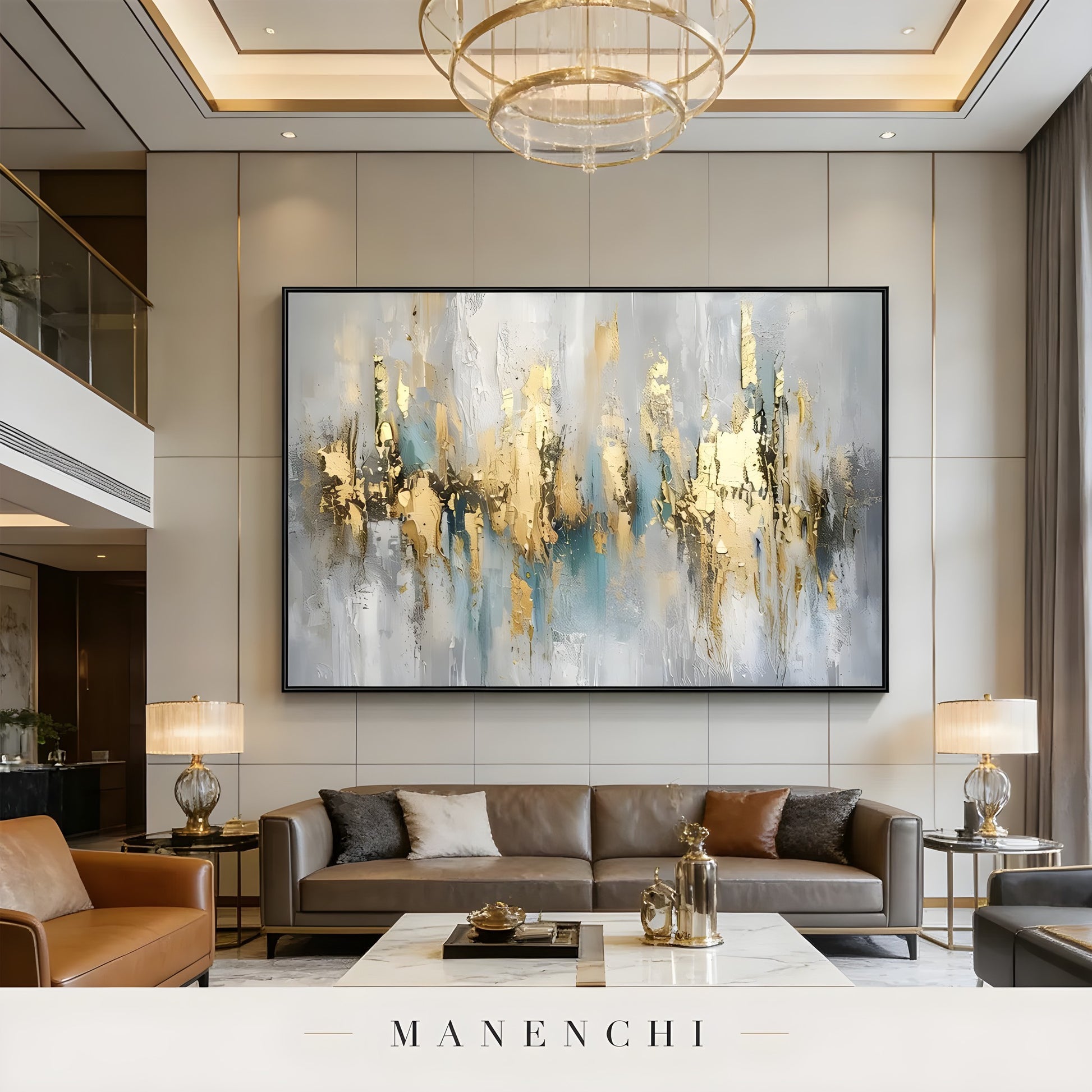 Gilded Ethereal Horizon abstract painting displayed in modern living room